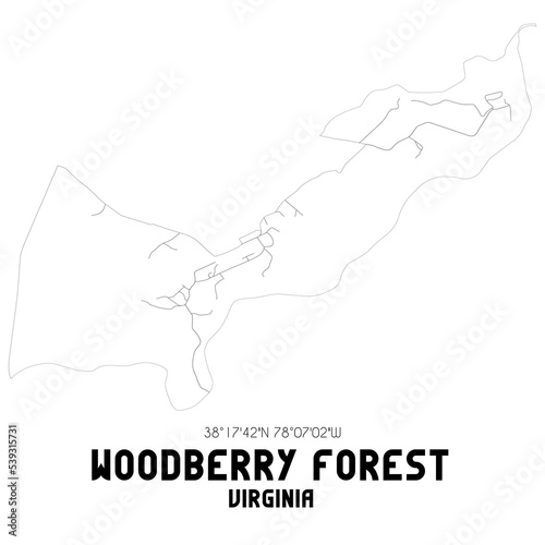 Woodberry Forest Virginia. US street map with black and white lines.