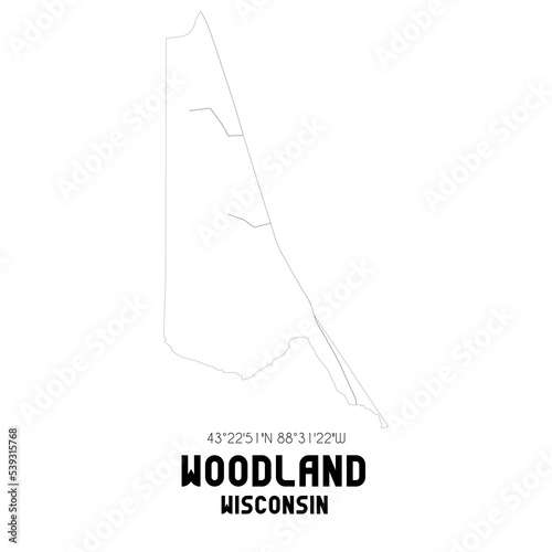 Woodland Wisconsin. US street map with black and white lines.