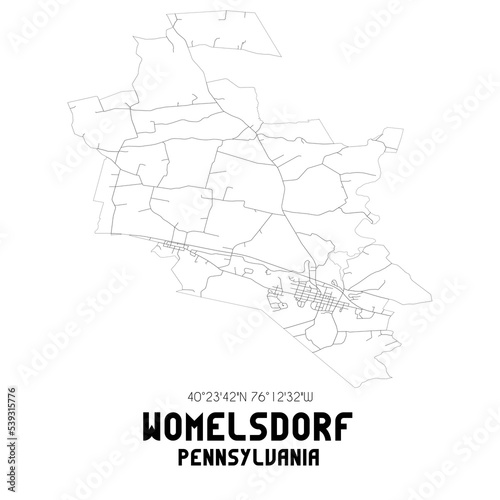 Womelsdorf Pennsylvania. US street map with black and white lines.