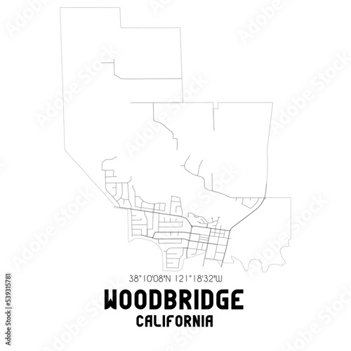 Woodbridge California. US street map with black and white lines.