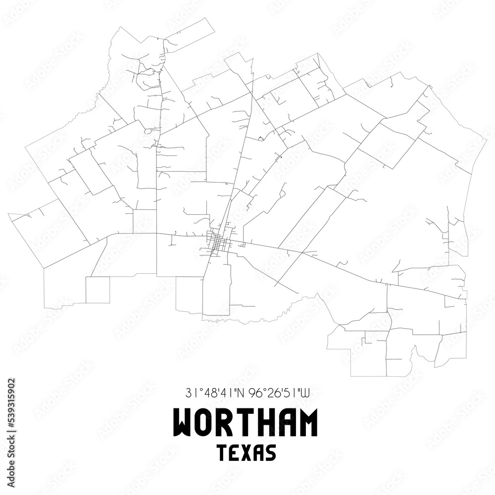 Wortham Texas. US street map with black and white lines.