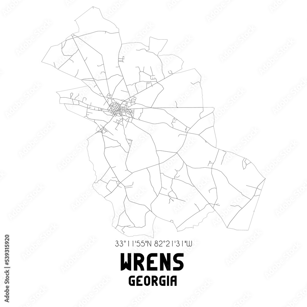 Wrens US street map with black and white lines. Stock