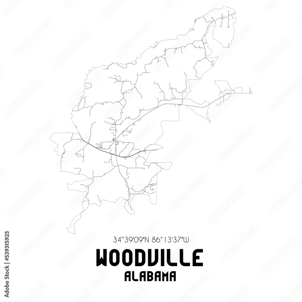 Woodville Alabama. US street map with black and white lines. Woodville Alabama. US street map with black and white lines.