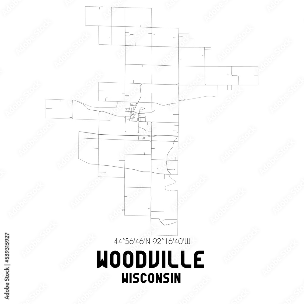 Woodville Wisconsin. US street map with black and white lines.