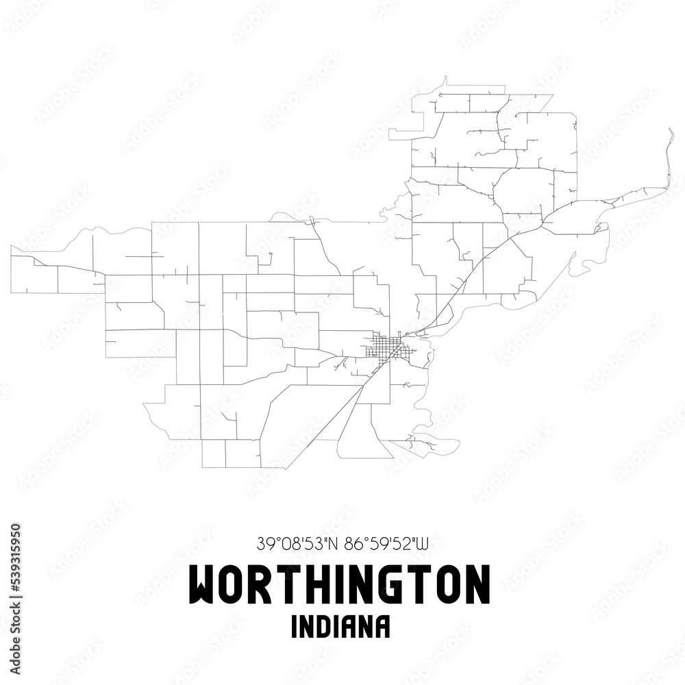 Worthington Indiana. US street map with black and white lines.