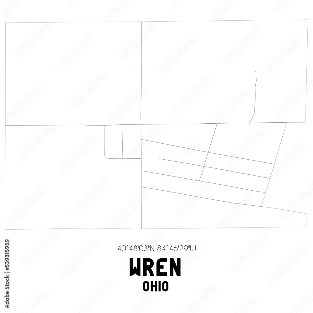 Wren Ohio. US street map with black and white lines. Stock Illustration