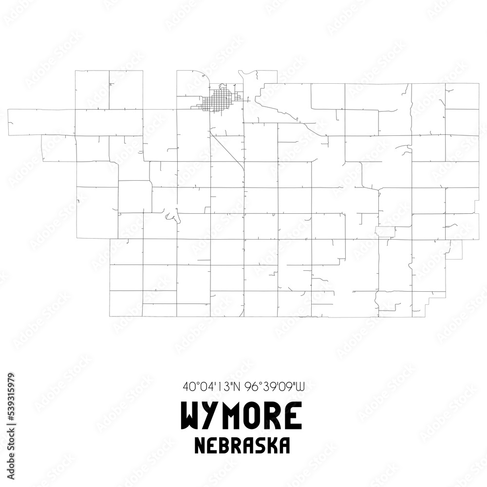 Wymore Nebraska. US street map with black and white lines.