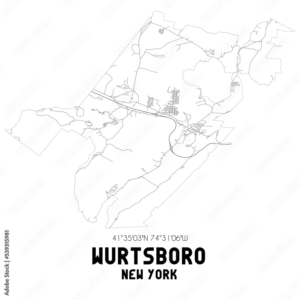 Wurtsboro New York. US street map with black and white lines.
