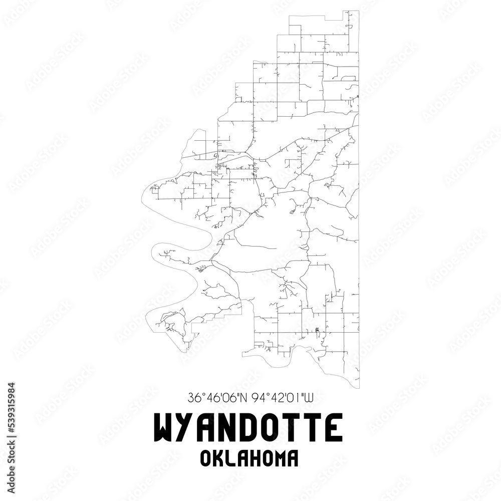 Wyandotte Oklahoma. US street map with black and white lines.