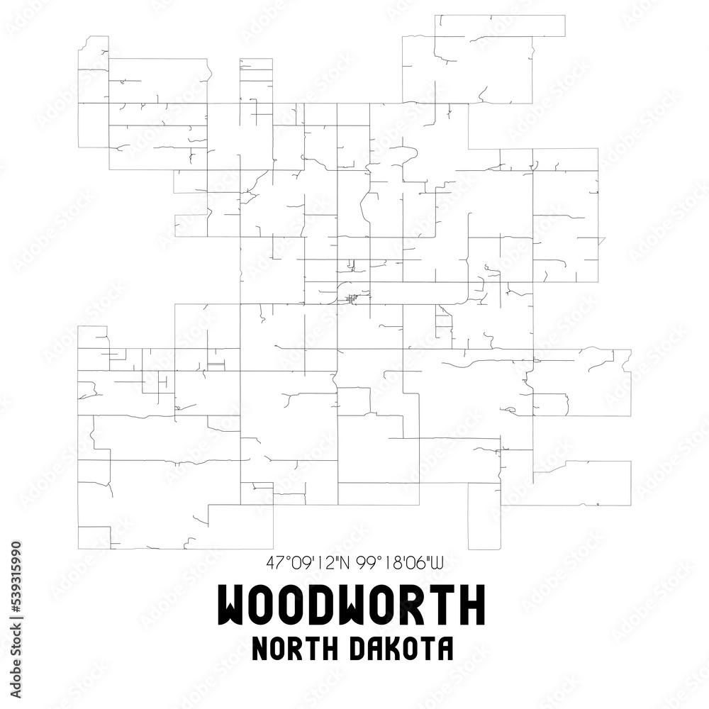 Woodworth North Dakota. US street map with black and white lines.