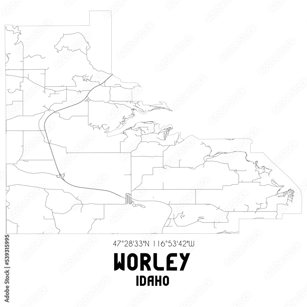 Worley Idaho. US street map with black and white lines.