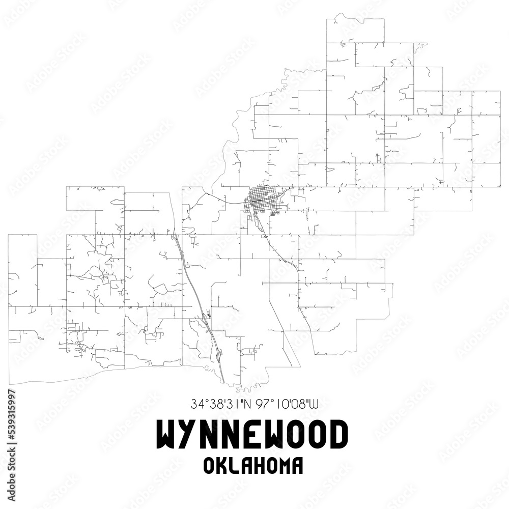 Wynnewood Oklahoma. US street map with black and white lines.