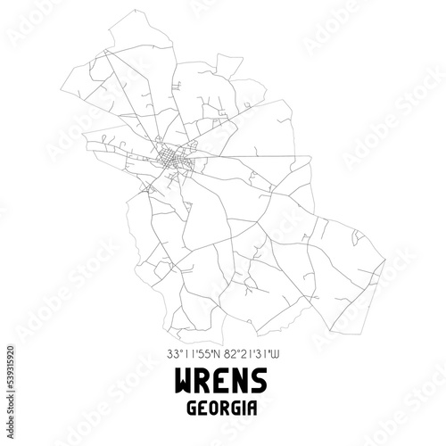 Wrens Georgia. US street map with black and white lines.