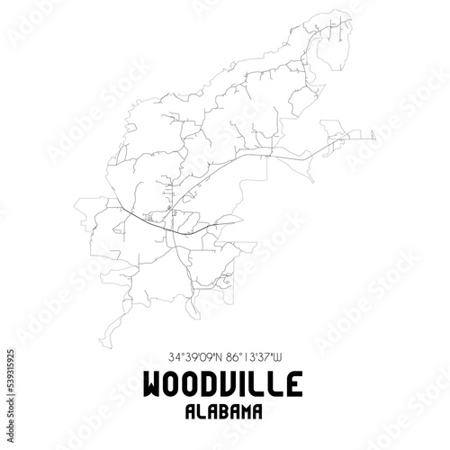 Woodville Alabama. US street map with black and white lines.