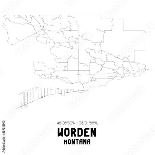 Worden Montana. US street map with black and white lines.