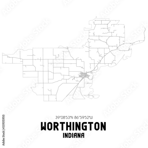 Worthington Indiana. US street map with black and white lines.