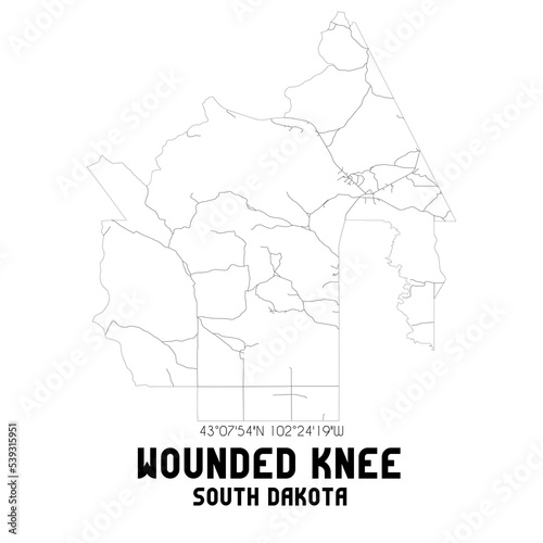 Wounded Knee South Dakota. US street map with black and white lines.