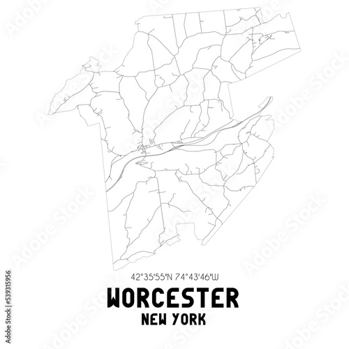 Worcester New York. US street map with black and white lines.