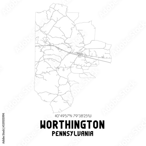Worthington Pennsylvania. US street map with black and white lines.