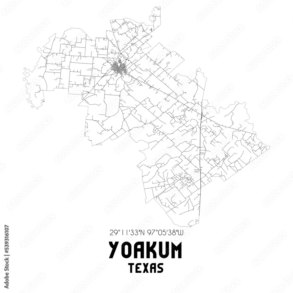 Yoakum Texas. US street map with black and white lines.
