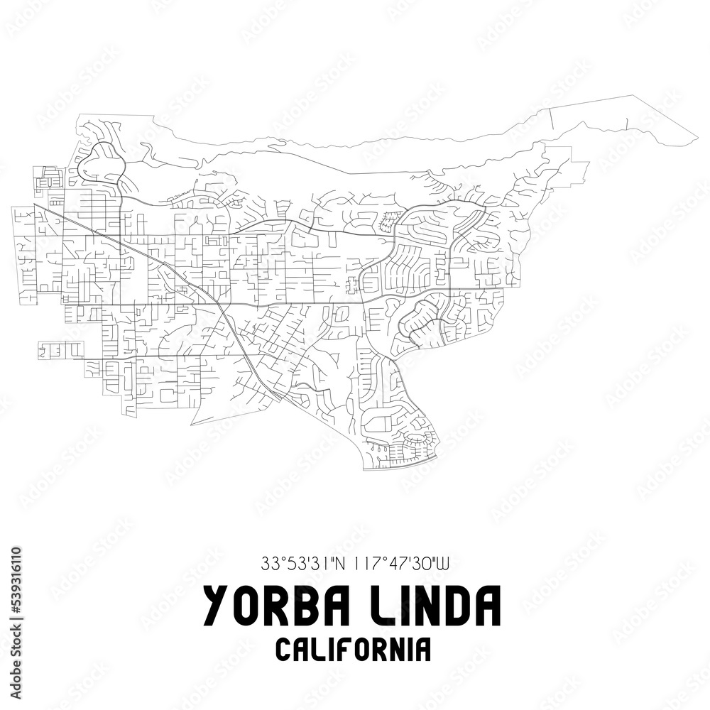 Yorba Linda California. US street map with black and white lines.