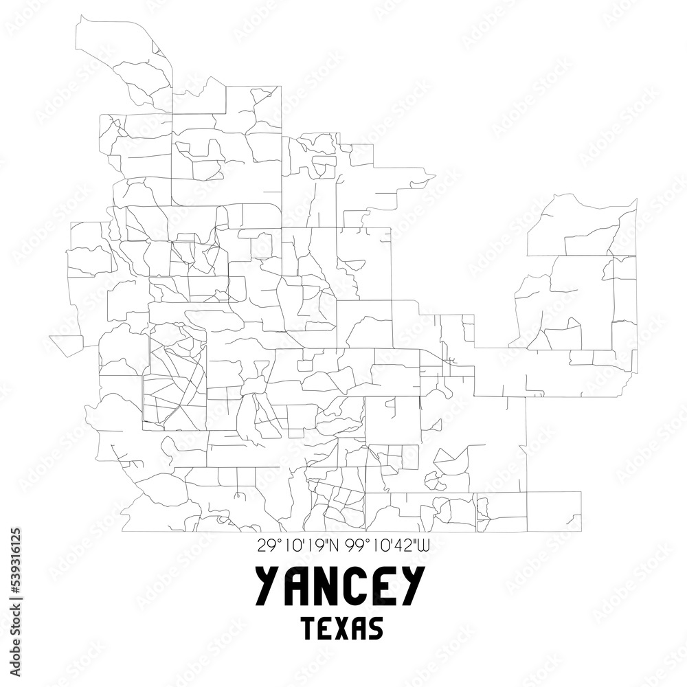 Yancey Texas. US street map with black and white lines.