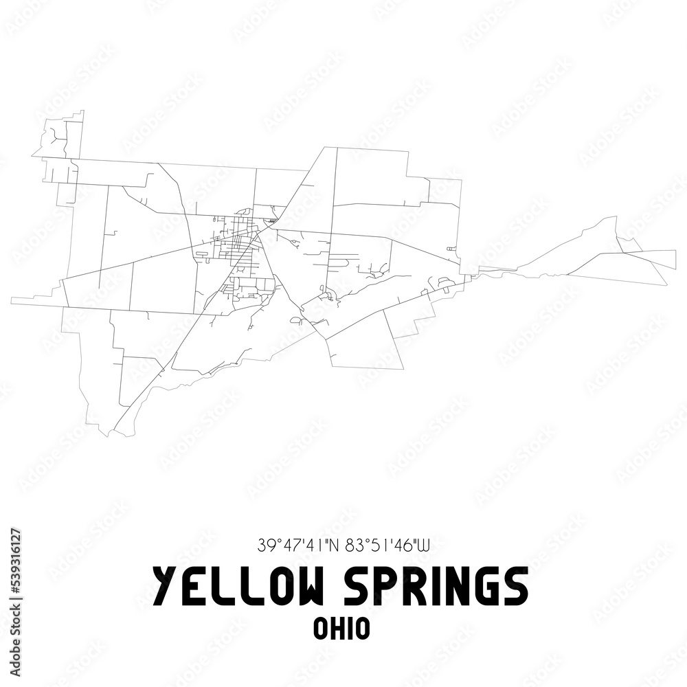 Yellow Springs Ohio. US street map with black and white lines.