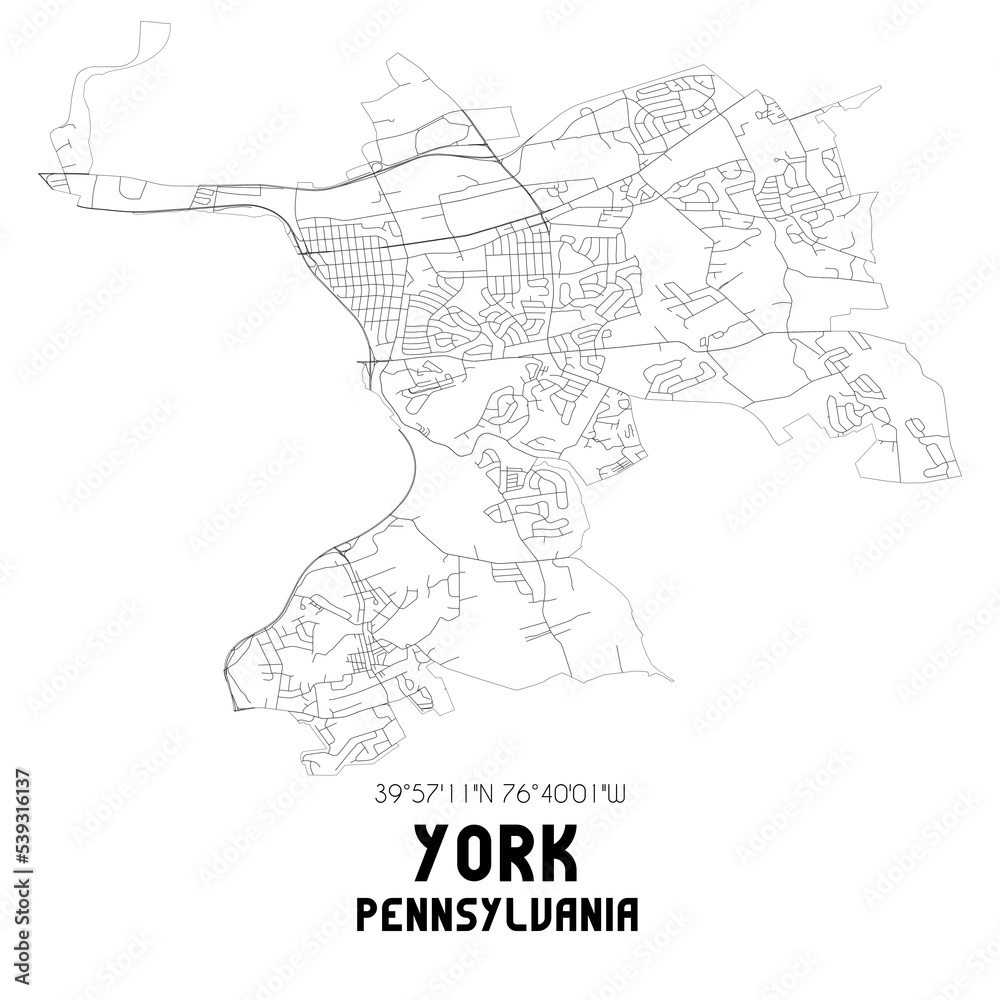 York Pennsylvania. US street map with black and white lines.