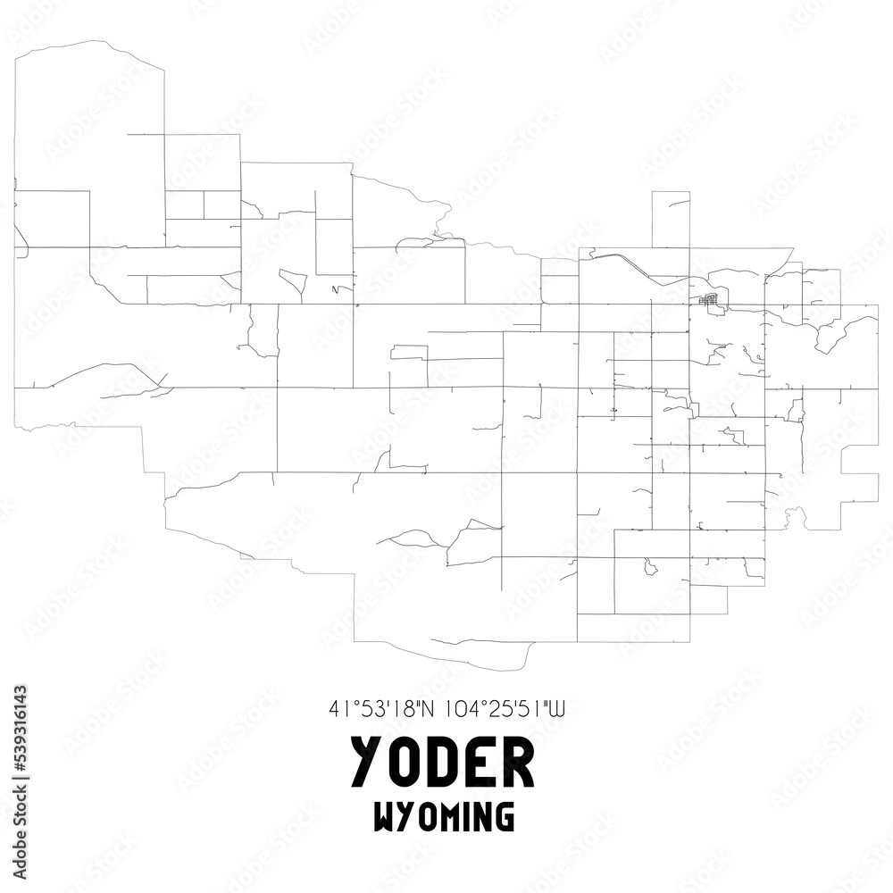 Yoder Wyoming. US street map with black and white lines.