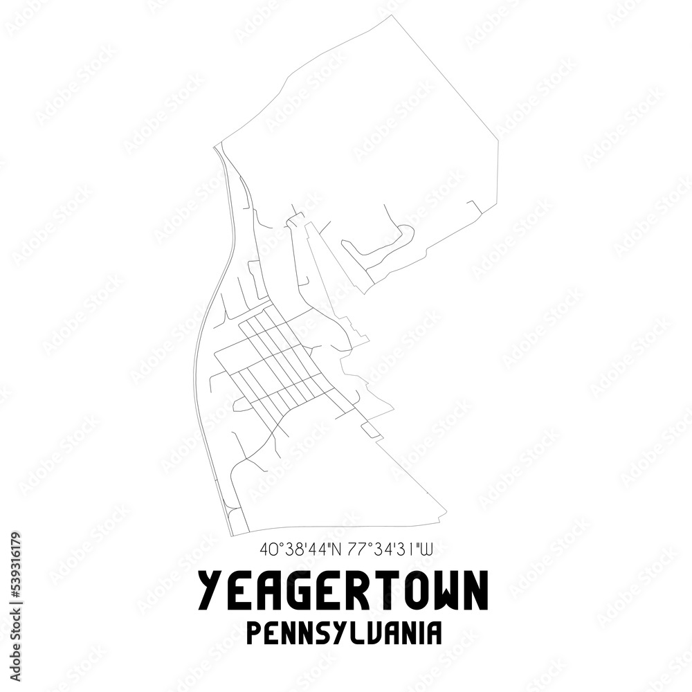 Yeagertown Pennsylvania. US street map with black and white lines.