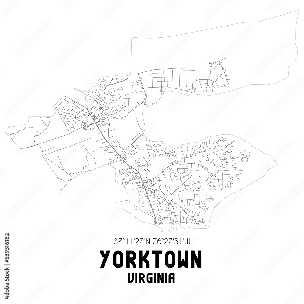 Yorktown Virginia. US street map with black and white lines.