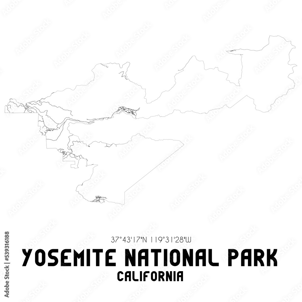 Yosemite National Park California. US street map with black and white lines.