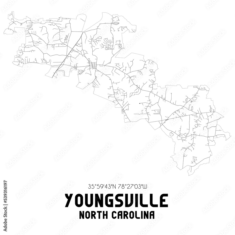 Youngsville North Carolina. US street map with black and white lines.