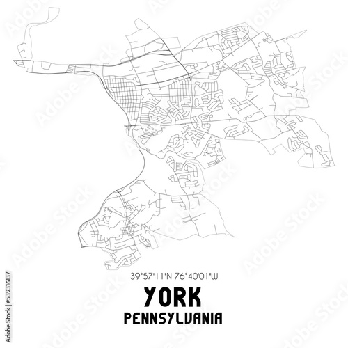 York Pennsylvania. US street map with black and white lines.