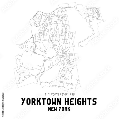 Yorktown Heights New York. US street map with black and white lines.