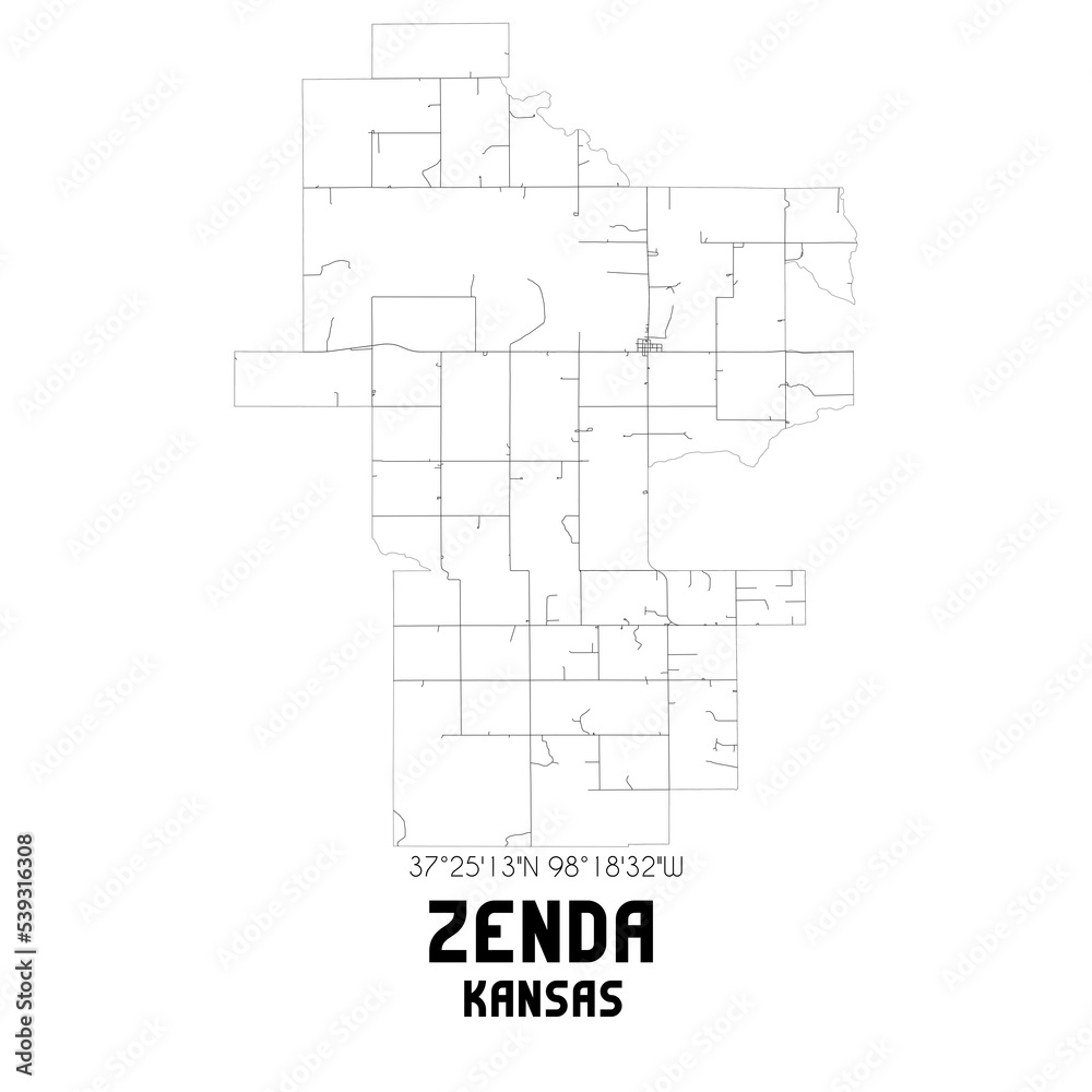 Zenda Kansas. US street map with black and white lines.