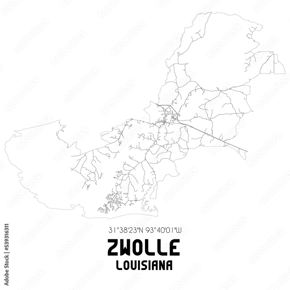 Zwolle Louisiana. US street map with black and white lines.