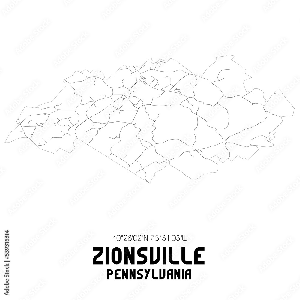 Zionsville Pennsylvania. US street map with black and white lines.