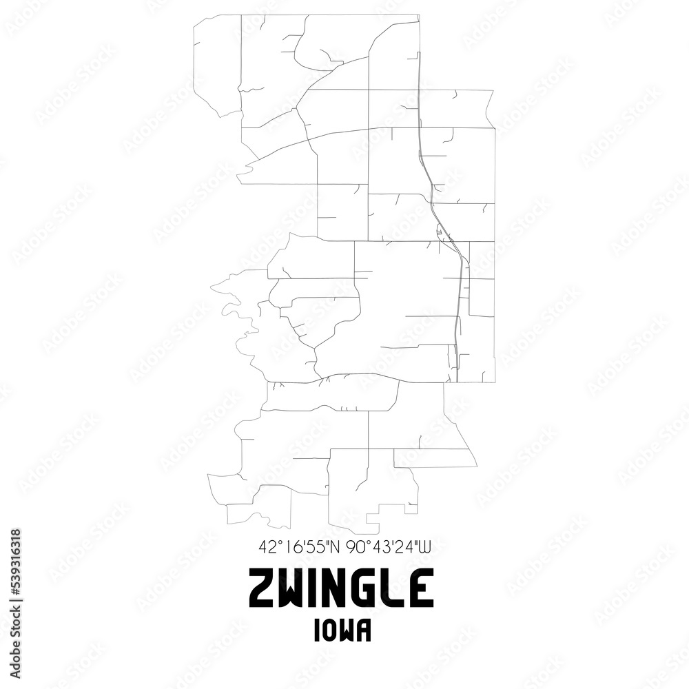 Zwingle Iowa. US street map with black and white lines.
