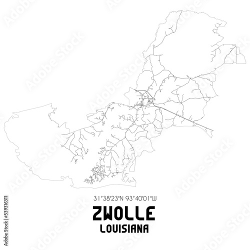Zwolle Louisiana. US street map with black and white lines.