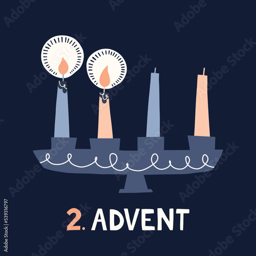 Two Burning Candles in Candle Holder Retro Scandinavian Christmas Card. Pastel Nordic Style Flat Illustration. Winter Holidays Wallpaper. Christmas Advent Vector Graphic Print