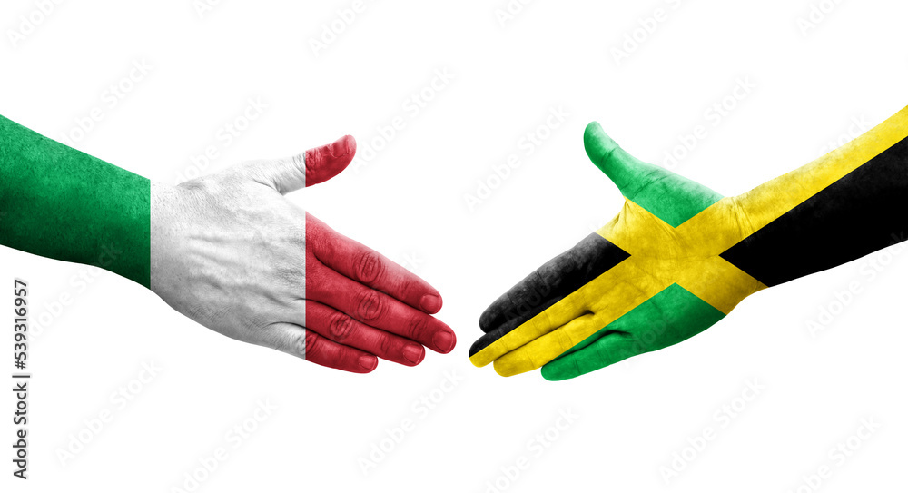 Handshake between Italy and Jamaica flags painted on hands, isolated transparent image. Handshake between Italy and Jamaica flags painted on hands, isolated transparent image.