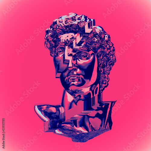 Abstract illustration from 3D rendering of glitch pixel stretch deformed classical head sculpture in blue chrome reflecting metal isolated on pink background.