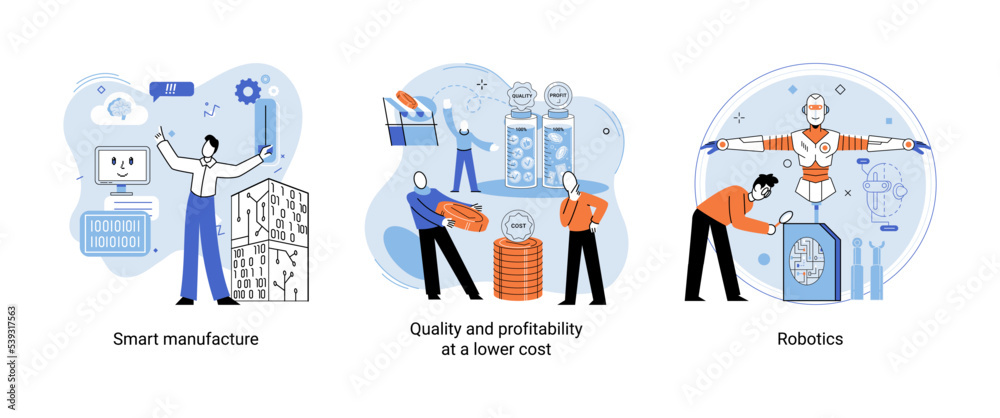 Smart manufacture, quality and profitability at a lower cost, robotics system metaphor set. Productivity management, quality control for successful results monitoring and job tasks optimization Smart manufacture, quality and profitability at a lower cost, robotics system metaphor set. Productivity management, quality control for successful results monitoring and job tasks optimization