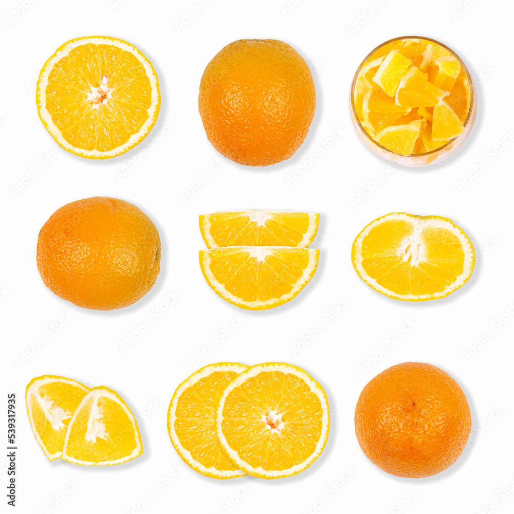 Collection of nine whole and sliced fruit oranges and bowl with sliced oranges pieces on white background Collection of nine whole and sliced fruit oranges and bowl with sliced oranges pieces on white background