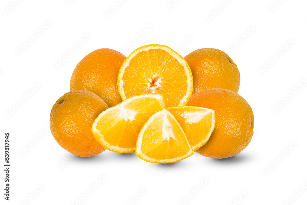 Four whole oranges and slices of yellow orange on white background Four whole oranges and slices of yellow orange on white background