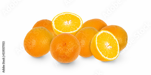 Oranges fruit and slices of       yellow orange on white background