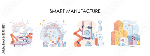 Smart manufacture  automation development metaphor. Innovative smart industry product design  manufacturing process  automated production line  delivery and distribution robots machinery industry 4.0