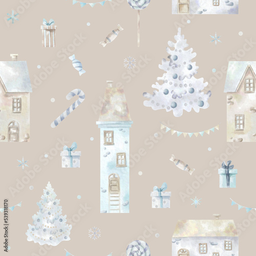 Christmas watercolor seamless pattern with hand drawn christmas tree, houses, gifts, candies. Cute design for Christmas wrappings, textile and backgrounds