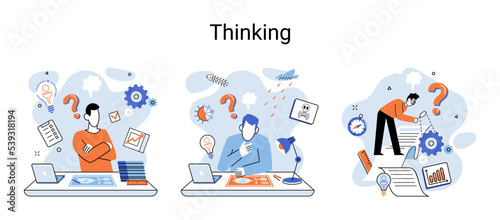 Problem solving metaphor, wondering or thinking, planning or pondering, with question mark. Creative thought idea. Brainstorming, idea and fantasy, motivation and inspiration, finding solution, answer